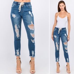 Distressed Denim Skinny Joggers